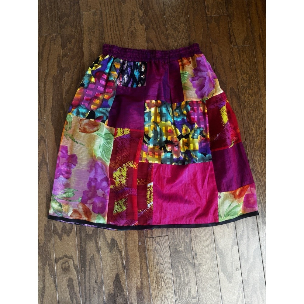 Maggie Shepherd Silk Blend Patchwork Skirt M‎ Colorful Artsy Boho Midi